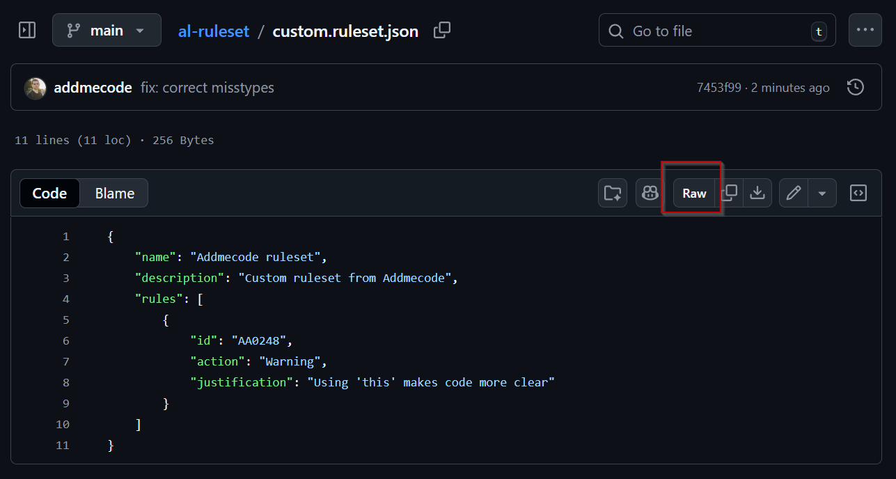 How to display raw content of the rule set json in GitHub-1